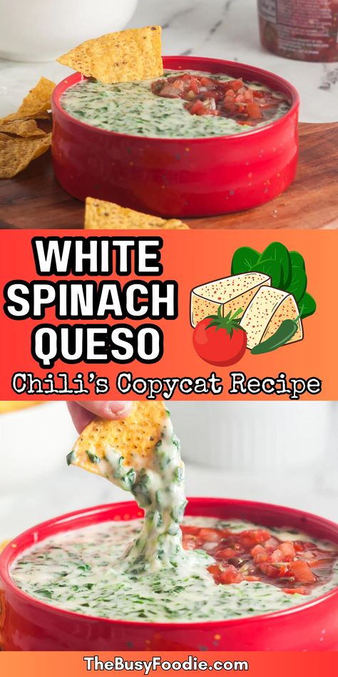 Grab some chips and get ready to dip into this irresistibly gooey cheese dip! This copycat recipe for Chili’s White Spinach Queso will turn your kitchen into the ultimate fiesta spot. White Spinach Queso Dip, Cheddars Queso Dip Recipe Copycat, Cheddars Queso Dip Recipe, Spinach Queso Dip Crockpot, Queso Spinach Dip, Chilis White Spinach Queso Dip, Mexican Queso Dip White, Homemade White Queso, Spinach Queso Dip