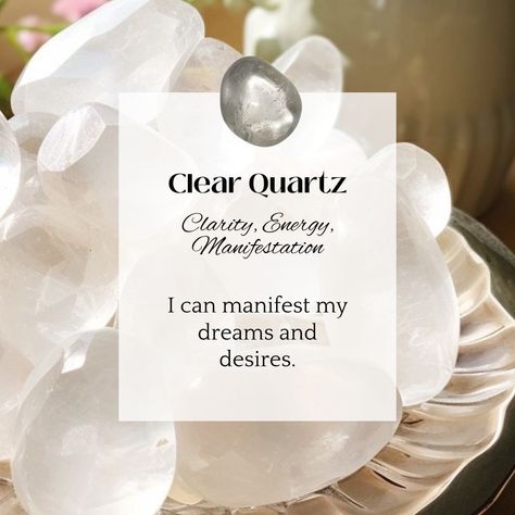 Clear quartz crystals can help boost your clarity, energy and manifestations. Affirmations with clear quartz are a wonderful way to bring your dreams into reality. Try holding a piece of clear quartz while you repeat the affirmation "I can manifest my dreams and desires". 🔮💖 Clear Quartz Affirmation, Dreams Into Reality, Crystal Meanings, Quartz Crystals, Chakra Crystals, Crystal Grid, Clear Quartz Crystal, Energy Healing, Crystals And Gemstones