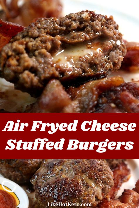 Juicy burger cut in half, with gooey cheese oozing out, on top of fried bacon slices. Burgers In Air Fryer, Keto Burgers, Cheese Stuffed Burgers, Burgers On The Stove, Caveman Diet Recipes, Carnivore Keto, Stuffed Burgers, Butter Burgers, Minced Beef Recipes