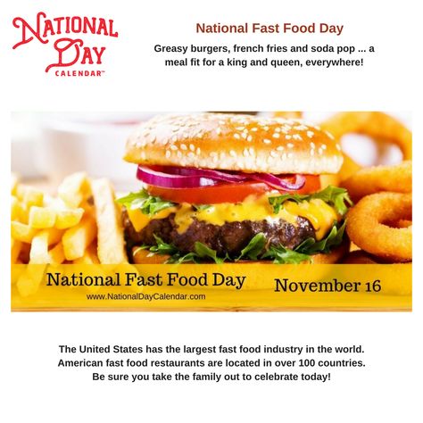 For 70 years now fast food has not only been popular, it has spread all over the world... The question to ask isn't whether this is good or bad, but rather... What is your favorite fast food meal?  National Fast Food Day via @nationaldaycal American Fast Food, National Day Calendar, Food Day, Day Calendar, National Days, Fast Food Chains, Drive Thru, Meal Deal, Foods Delivered