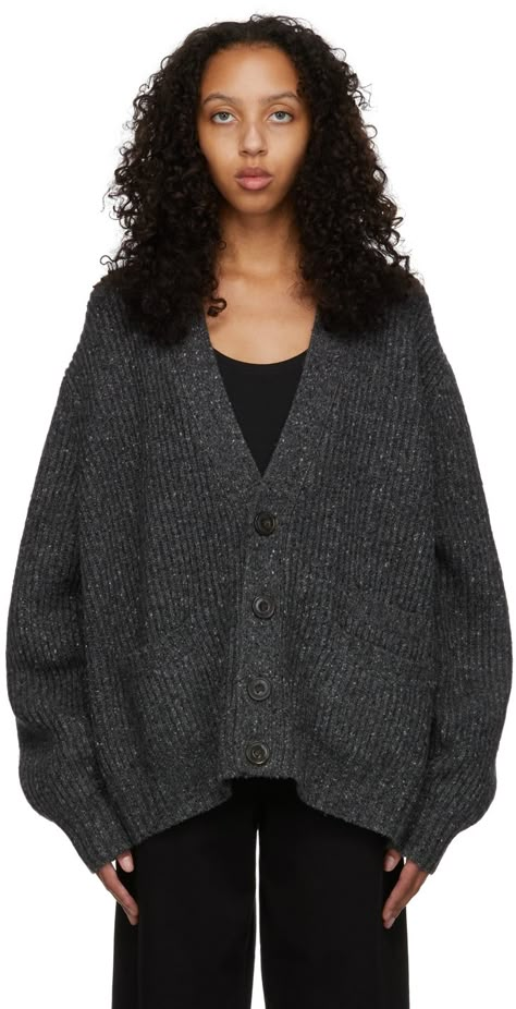 Long sleeve rib knit merino wool-blend cardigan in grey. · Button closure · Patch pockets at waist · Tonal hardware Supplier color: Dark grey melange Dark Grey Cardigan Outfit, Grey Outfit Ideas, Oversized Cardigan Outfit, Outfits With Grey Cardigan, Season Analysis, Dark Grey Cardigan, Baggy Cardigan, Long Cardigan Outfit, Winter Board