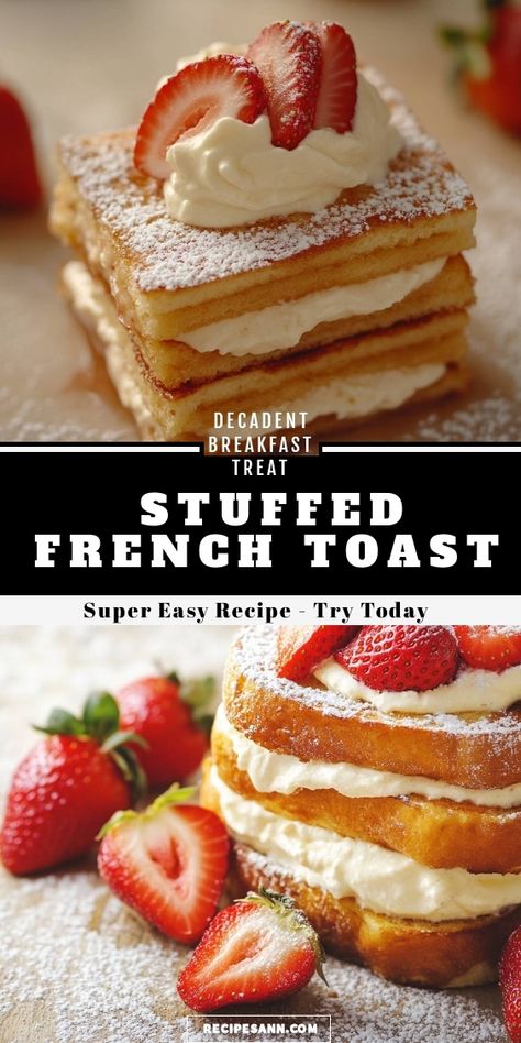 I love this decadent stuffed French toast! It's super easy to make and the perfect breakfast treat. The layers of creamy filling and fresh strawberries are simply irresistible. You'll want to try this recipe today! French Toast Icing, Filled French Toast Recipe, French Toast Ideas Breakfast, French Toast Recipe Texas Toast, French Toasr, Texas French Toast Recipe, Sweet French Toast Recipe, Custard French Toast Recipe, French Toast With Cheese