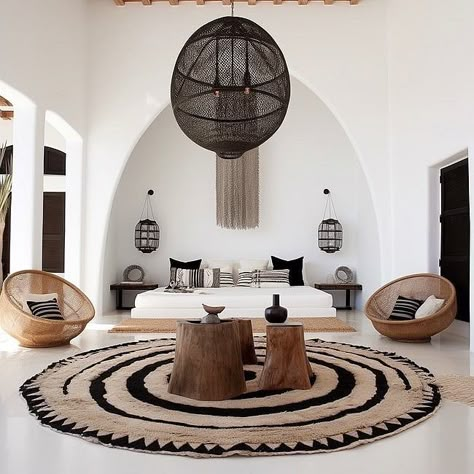 @kellybehunstudio • Ibiza inspired home by Baptiste Bohu created using AI • Threads Modern African Decor, Wabi Sabi Home Decor, African Interior Design, African House, African Interior, African Home Decor, Hotel Interior Design, African Decor, Decor Home Living Room