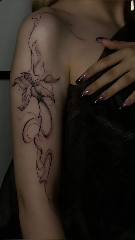 Greyscale Tattoo Women, Colored Abstract Tattoo, Wrist And Arm Tattoos, Shoulder To Wrist Tattoo, Tattoo Close Up, Aesthetic Tattoo Inspiration, Smokey Background Tattoo, Purple Orchids Tattoo, Aesthetic Arm Sleeve Tattoos