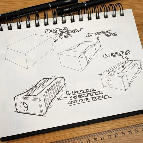 Industrial Design Sketch Tutorial, Sharpener Sketch, Sharpener Drawing, Sketch With Pencil, 3d Drawing Techniques, Basic Sketching, Draw Tutorial, Perspective Sketch, Furniture Sketch