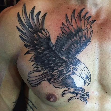 In many cultures, mythologies, and traditions, the eagle tattoo represents strength, domination, freedom, luck, clarity, focus and spirituality. The eagle with its wings spreaded across your chest will cause a big impact for who sees it. Geometric Tattoo Eagle, Eagle Back Tattoo, Best Chest Tattoos, Chest Tattoos For Men, Eagle Wing Tattoos, Eagle Chest Tattoo, Small Eagle Tattoo, Full Chest Tattoos, Tato Tradisional