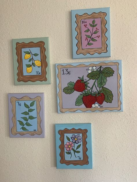 Simple Tiny Canvas Paintings, Eclectic Acrylic Painting, Painting Ideas Strawberry, Dorm Crafts, Creepy Drawing, Strawberry Painting, Wall Paint Ideas, Fun Paintings, Eclectic Paintings