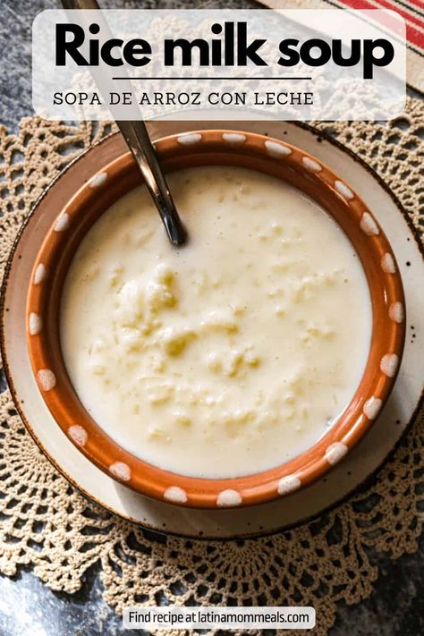 This creamy and authentic sopa de arroz con leche is a savory rice milk soup using only 5 ingredients to make a creamy soup that has a delicate flavor. Rice Milk Recipe, Rice And Milk, Milk Soup, Delicious Soups, Savory Rice, Creamy Rice, Spanish Rice, Rice Milk, Cream Soup