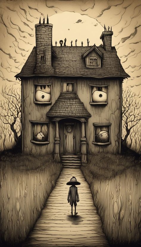 they leave their houses Horror House Drawing, Creepy House Drawing, Haunted House Drawing, Brownie Packaging, Scary Houses, Creepy Houses, House Sketch, Paint Nite, Tattoos Women