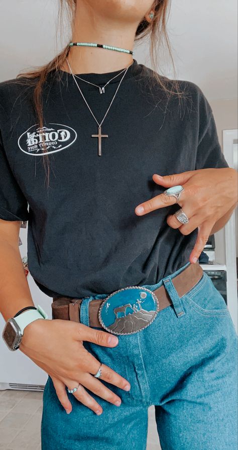 Shirt: A store in Love valley, VA Jeans: mens Wranglers Buckle: State fair Jewlery: Thrifted and Elevated Faith Western Shirt Outfit, Country Inspo Outfit, Western Fair Outfits, Barn Outfits, Country Fair Outfits, Western Cute Jeans, Western Carhartt Shirts For Women, County Fair Outfit, Fair Fits