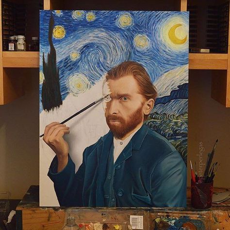 "Vincent Van Gogh Self Portrait on a Starry Night" Oil painting by @peterperlegas! by art_collective فنسنت فان جوخ, Van Gogh Self Portrait, Istoria Artei, Arte Van Gogh, Art Parody, Van Gogh Paintings, Van Gogh Art, Arte Inspo, Instagram Art