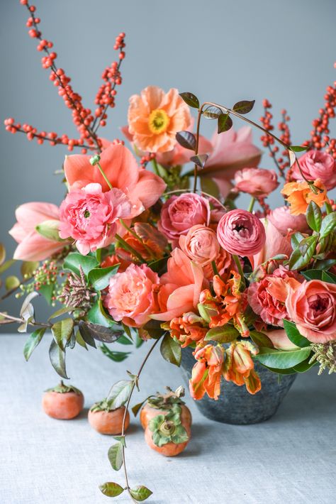 A natural garden inspired floral design with peach amaryllis, poppies and roses, orange tulips and ilex berries and sweet pink ranunculus accented with a garden vine tying the arrangement together. #floraldesign #ilexberries #poppy #persimon #colorfulflowers David Austin Wedding, Fleur Orange, Gift Bouquet, Flower Inspiration, David Austin, Girl Things, Beautiful Flower Arrangements, Flower Arranging, Pink Petals