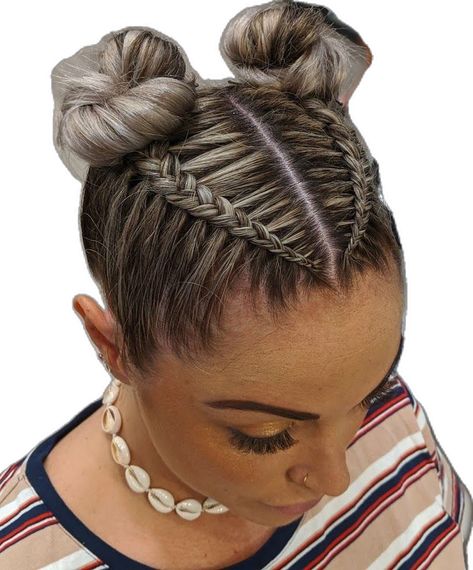 Festival style hair braiding with space buns Space Bun Hair, Braided Designs, Festival Hair Braids, Space Buns Hair, Braided Space Buns, Space Bun, Dutch Braids, Bella Hair, Curly Pixie Cuts