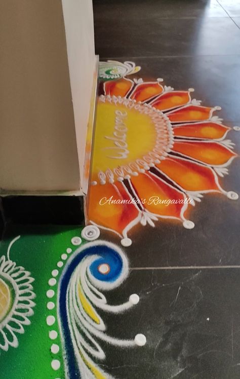 Welcome Rangoli Design Entrance, Rangoli Pic, Welcome Rangoli Design, Karvachauth Photoshoot, Welcome Rangoli, Kolka Design, Rangoli Painting, 3d Rangoli, Diwali Crafts