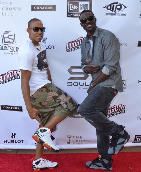 Ludacris wearing Jordan VII- Premio Bin 23 and Lance Gross wearing Jordan VII- Bordeaux Air Jordan 7 Retro Outfit, Jordan 7 Outfit, Celebrity Sneakers, Lance Gross, Jordan Retro 7, Morris Chestnut, Young Mens Fashion, Hip Hop Artwork, Retro 7