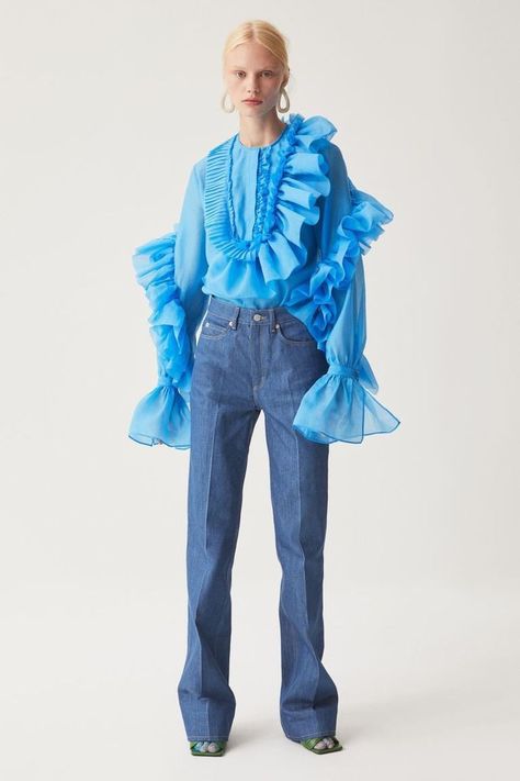 Satijnen Blouses, Bright Blue Suit, Frill Blouse, Ruffled Blouse, Elegant Blouses, Denim Trends, Fashion Company, Sequin Dress, Harry Styles