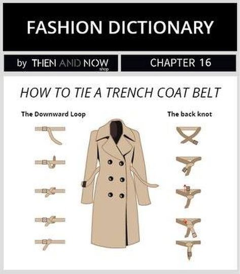 Day 7 of my #VisualDictionary post marathon. Here is a #FashionDictionary for how to tie a trench coat - just in case you need to know how… Outfit Trenchcoat, Trenchcoat Style, Coat Belt, Belt Coat, Mode Tips, Coat Classic, Trench Coat Outfit, Fashion Dictionary, Trench Coat Style