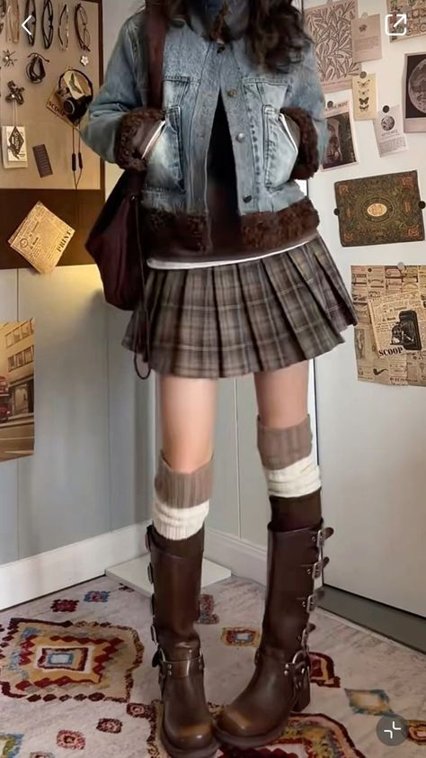 White Long Sleeve Shirt Outfit Fall, Plaid Skirt Aesthetic Outfit, Aesthetic Jean Jacket Outfits, Outfit With Skirt And Boots, Unmatched Outfits, Cute Boot Outfits, Pants Under Skirt Outfit, Cute Cafe Outfits, Thrifted Outfits Winter