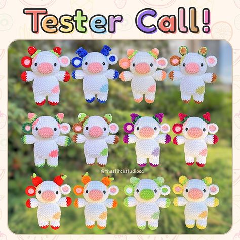 (closed) thank you so much for all the positive feedback on my fruit cows and to everyone who has taken the time to apply, I’ve contacted all testers 💗 TESTER CALL for my 12 in 1 fruit cows pattern! 🐮🍓🫐🍑🥑🍉🍋🥝 Hiii, I’m looking for ~16 crocheters to test my 12 in 1 (technically 13 🤭) fruit cows pattern! I’ve been working on these cows the past few months, it’s finally here and I’m so excited to share them with you! This is an intermediate pattern that is sewing intensive, but the testing pe... Fruit Cows, Plushie Crochet Pattern, Blueberry Cow, Crocheted Cow Pattern, Plushie Crochet, Crochet Fruit, Crochet Cow, Strawberry Blueberry, Cow Pattern