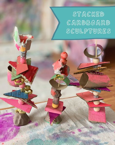 Kids use cardboard, beads, and clay to make stacked sculptures. A perfect process art experience that is great for toddlers through elementary age, and works both hand eye coordination and fine motor skills. Natural Classroom, Open Ended Art, Classe D'art, Cardboard Sculpture, Art Invitation, School Daze, Cardboard Art, Art House, Recycled Art