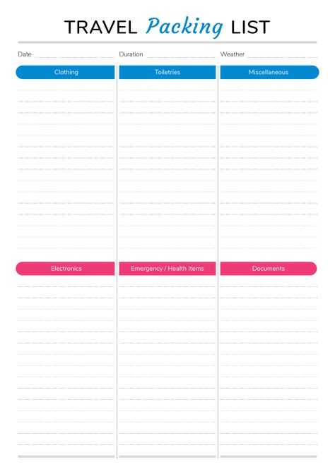 This ultimate packing list helps you to prepare all the exact things for your traveling. It is broken down into six main sections with blank space to customize it for every trip. Sections available in this template: Date, Duration, Weather, Clothing, Toiletries, Miscellaneous, Electronics, Emergency/Health Items, Documents  #besttripplanner #itineraryplannertemplate #travel #templates #digitalplanner Blank Packing List, Weekend Trip Packing List, Backpacking Packing List, Spring Break Packing List, Travel Packing List Printable, Family Packing List, Weekend Packing List, Travel Binder, Honeymoon Packing List