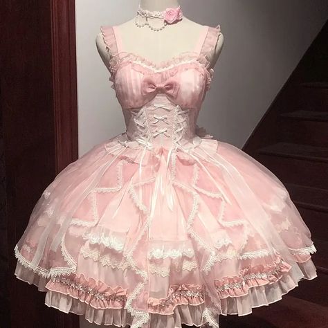 Pink Dress Kawaii, Pink Kawaii Dress Outfit, Kawaii Ruffled Dresses For Cosplay Events, Pink Kawaii Party Dress, Pink Fairy Kei Mini Dress, Style Kawaii, Ribbon Dress, Lolita Outfits, Frilly Dresses