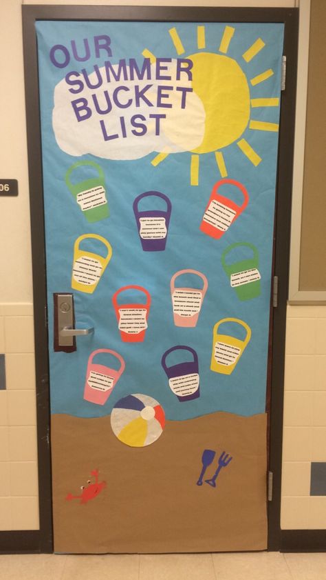 Fun classroom door decoration summer bucket list beach June Classroom Decorations, Summertime Classroom Door Ideas, Summer Theme Door Preschool, June Door Ideas For Classroom, Beach Theme Door Decorations Classroom, June Door Decorations Preschool, Summer Camp Door Ideas, Summer Door Themes For Classroom, Summer Themed Classroom Door