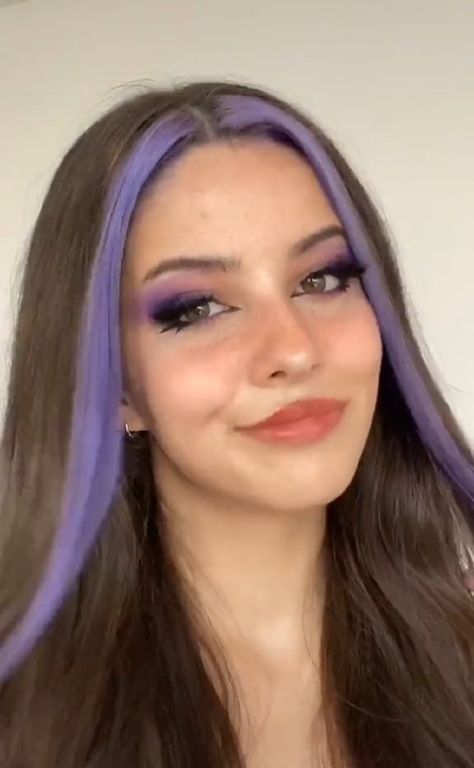 Black Hair Teal Money Piece, Purple Front Pieces Of Hair, Dyed Front Pieces Of Hair, Front Piece Of Hair Dyed, Front Strand Of Hair Dyed, Lavender Money Piece Hair, Light Purple Hair Dye, Purple Hair Streaks, Hair Dyed Underneath