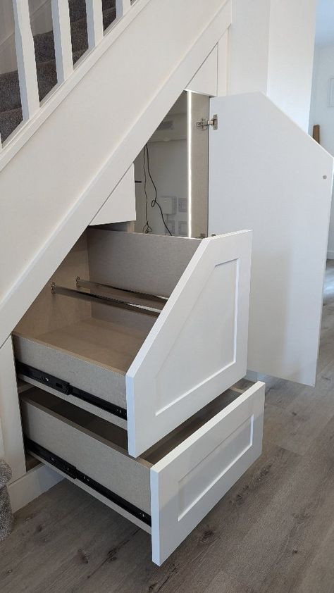 Matthew Robertson | Under Stair Storage - 3 drawers and a door... Spray finished in railings with Caledonian oak drawer boxes ... #understairstorage... | Instagram Pullout Drawers Under Stairs, Understairs Storage Drawers, Small Under Stairs Storage, Understair Storage, Under Stair Storage, Under Stair, House Organization, Under Stairs Cupboard, Under The Stairs