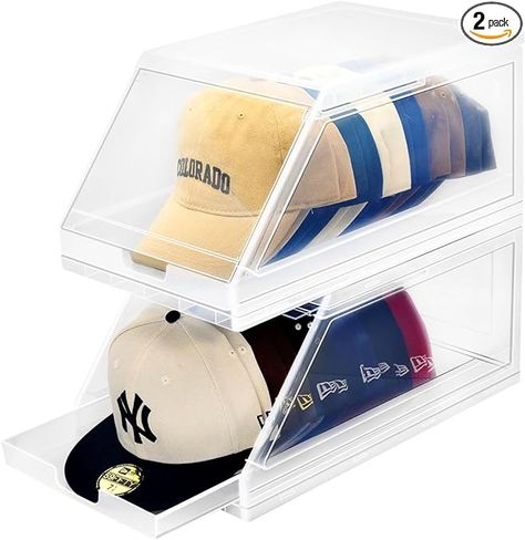 Amazon.com: SCAVATA 2 Pack Hat Organizer, Stackable Clear Baseball Caps Holder Box Containers With Sliding Tray for Hats Snapback Cap Storage, Hat Rack Display Case -Clear : Home & Kitchen Ball Cap Storage, Baseball Hat Display, Baseball Hat Storage, Organize Baseball Hats, Cap Storage, Hat Organizer, Hats For Big Heads, Cap Organizer, Clear Bins