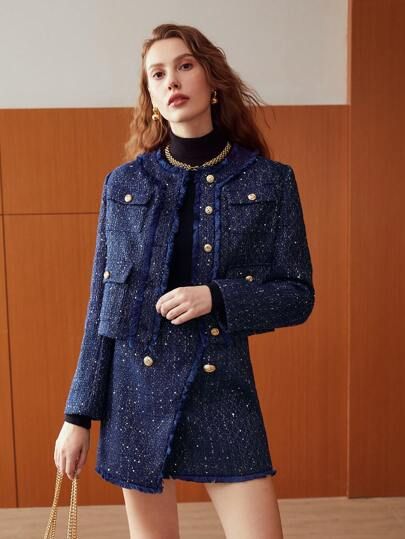 Navy Tweed Jacket Outfit, Blue Tweed Jacket Outfit, Cropped Jacket Outfit, Tweed Coats, Tweed Jacket Outfit, Blue Tweed Jacket, Blue Tweed, Tweed Coat, Jacket Outfit