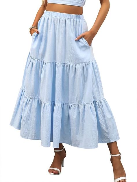 Amazon.com: ANRABESS Women's High Waist Pleated A-Line Swing Skirt 100% Cotton Tiered Flare Maxi Skirt with Pockets 495qianlan-S Blue : Clothing, Shoes & Jewelry