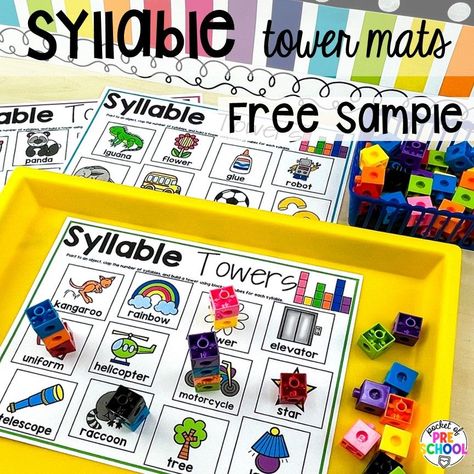 Syllable tower mats is a fun activity for students to build and count syllables. Check out this post with over 15 syllable activities for preschool, pre-k, and kindergarten students. Small Group Literacy Activities, Syllables Kindergarten, Syllable Activities, Kindergarten Small Groups, Syllable Games, Kindergarten Stations, Teaching Syllables, Counting Syllables, Syllables Activities