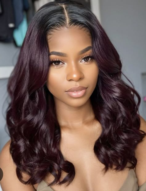 Fall Plum Hair, Plum Hair Olive Skin, Dark Burgundy Purple Hair, Dark Violet Hair Burgundy, Burgundy Hair On Brown Skin, Wine Purple Hair, Dark Burgundy Hair Black Women, Chocolate Burgundy Hair, Warm Purple Hair