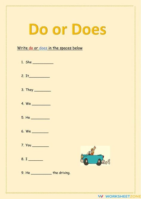 Students must have previous knowledge of the use of do or does. Download the PDF file and try the interactive worksheet at the link above! #grammar #englishlearning #grammarworksheets #worksheetsforkids #worksheet #kindergartenworksheets #preschoolworksheets Do And Does Worksheet, Do Or Does Worksheet, Regular Past Tense Verbs, Interactive Notebooks Templates, Punctuation Worksheets, Verb To Be, Linking Verbs, English Grammar Exercises, Helping Verbs