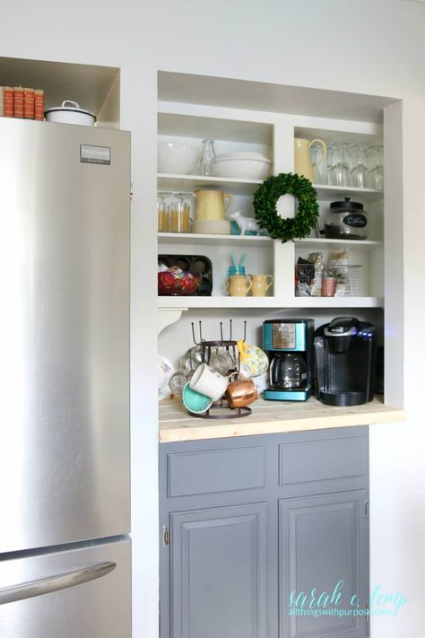 Turn A Pantry Into A Coffee Bar, All Things With Purpose Featured On @remodelaholic Pantry Into Coffee Bar, Pantry Redo, White Kitchen Renovation, Baking Center, Shiplap Kitchen, Fixer Upper Inspired, Shiplap Backsplash, Diy Coffee Bar, Indoor Ideas