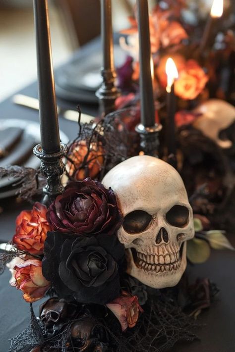 "Elevate your Halloween decor with DIY Halloween Centerpieces! 🕯️🎃 A great way to showcase your creativity and love for all things spooky. 🌿✨ #DIYCenterpieces #HalloweenDecor #SpookyTable" Lace Halloween Decor, Skull Flower Centerpiece, Halloween Candelabra Centerpiece, Glitter Halloween Decor, Spooky Wedding Centerpieces, Diy Halloween Vase, Diy Gothic Wedding Decor, Goth Centerpieces, Skeleton Centerpieces