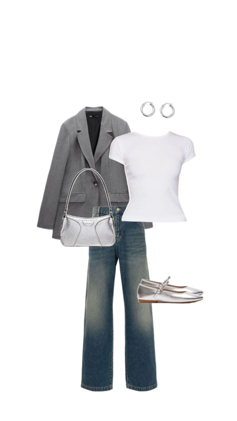 everyday outfit idea - grey oversized blazer, white tshirt, blue denim jeans, silver ballet flats, silver shoulder bag, silver hoop earrings Silver Pumps Outfit, Silver Flats Outfit, Capsule Wardrobe Black, Ballet Shoes Outfit, Outfit Capsule Wardrobe, Outfit Capsule, Silver Shoulder Bag, Cool Girl Aesthetic, Black Ootd