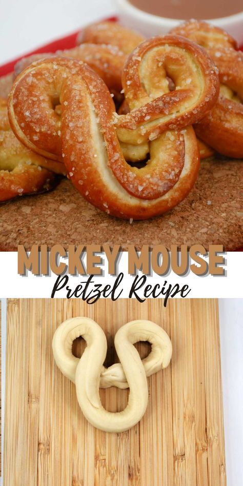 Disney Mickey Mouse Pretzels Recipe - Dine Dream Discover Mickey Mouse Dinner Ideas, Mickey Mouse Recipes, Disney Pretzel Recipe, Disney Birthday Party Food Ideas, Disney Themed Birthday Food, Disney Themed Baked Goods, Disney Snacks For Party, Disney Party Treats, Mickey Appetizers