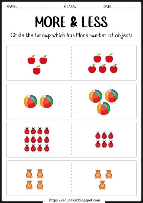 Download free worksheet to teach More & Less pre-math concept to kids. Worksheet For Nursery Class, Nursery Worksheets, Pre K Worksheets, Easy Math, Preschool Math Worksheets, Kids Worksheets Preschool, Free Preschool Worksheets, Numbers Kindergarten, Preschool Activities Toddler