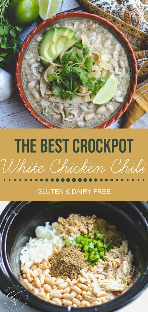 This super easy, healthy Crock Pot White Chicken chili is so delicious and has just the right amount of kick to it! Plus, it’s gluten and dairy-free! via www.thesaucyfig.com #chili #crockpot #slowcooker #easyrecipes #dinner #dairyfree #glutenfree Healthy Crock Pots, Crock Pot White Chicken Chili, Healthy Crock Pot, Chili Crockpot, Chili Cookoff, Chicken Chili Crockpot, Best Crockpot, Crockpot White Chicken Chili, Chili Recipe Crockpot