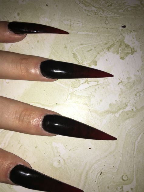 Long Black Nails Stilettos, Emo Stiletto Nails, Black Sharp Nails, Goth Nails Stiletto, Black Claw Nails, Black And Red Stiletto Nails, Sharp Black Nails, Gothic Nails Stiletto, Black Stilleto Nails Designs