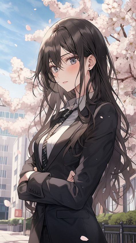 Anime, art, girl, Suit, tie Anime Suit, Girl Eating, Eating Ramen, Anime Woman, Anime Show, Girl Eyes, Hair Anime, Long Black Hair, Anime Angel