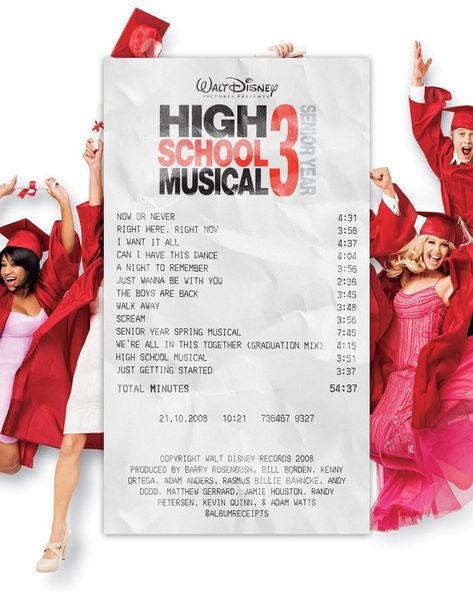 ALBUM RECEIPTS on Instagram: ““High School Musical 3: Senior Year (Original Soundtrack)” released by @disney” High School Musical Poster, Disney Channel Aesthetic, Album Receipts, Musical Wallpaper, High School Musical Cast, Wildcats High School Musical, Kenny Ortega, High School Musical 3, Old Disney Channel