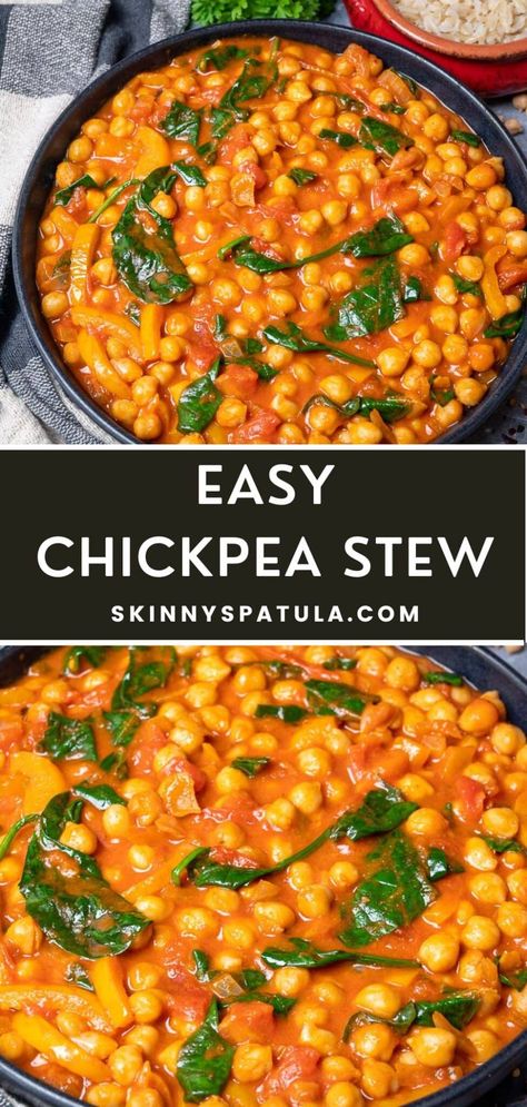 Easy Chickpea Stew Peanut Chickpea Stew, Chickpea Sweet Potato Stew, Chickpea Recipes Soup, Chickpea Spinach Stew, Crock Pot Chickpea Recipes, Curried Chickpea Stew, Chic Pea Soup Recipes, Turkish Chickpea Stew, Lentil Peas Recipes