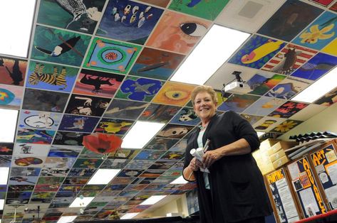 Art On Ceiling, Ceiling Tiles Painted School, Painted Ceiling Tiles, Ceiling Tile Art, Tile Art Ideas, Ceiling Tiles Art, Ceiling Tiles Painted, Classroom Ceiling, Drop Ceiling Tiles