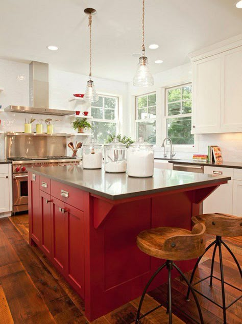 Barn Red Kitchen Island (The Best Barn Red Paint) | The Lettered Cottage Red Kitchen Cabinets, Painted Kitchen Island, Red Kitchen Island, Red Cabinets, Red Kitchen, Simple Kitchen, Red Barns, Kitchen Redo, Kitchen Paint