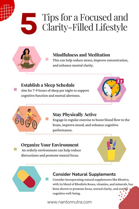 Practice Mindfulness and Meditation. Reduce stress, improve concentration, and gain mental clarity. Prioritize 7-9 hours of quality sleep for sharp cognitive function.Create a distraction-free space for heightened mental focus. Experience the power of Rhodiola Rosea and vital nutrients in Rhoziva for enhanced focus, mental clarity, and cognitive well-being. #FocusAndClarity #MindfulnessTips #QualitySleep #NaturalSupplements #MentalFocus #RhozivaEdge Cognitive Domain, Cognitive Exercises, Memory Improvement, Rhodiola Rosea, Brain Training Games, Practice Mindfulness, Brain Exercise, Improve Cognitive Function, Quality Sleep