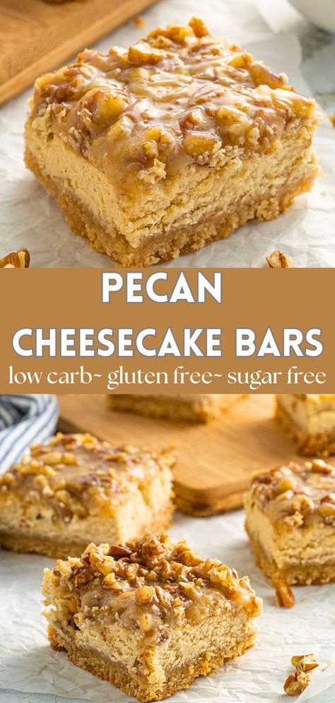 Pecan Cheesecake Bars are absolutely delicious, sugar free, gluten free and low carb. These incredible pecan cheesecake bars are so simple to make and will be your new favorite, healthy treat! #lowcarb #sugarfree #glutenfree Easy Chocolate Cheesecake, Pecan Cheesecake Bars, Gluten Free Pecan, Lauren Kelly, Lemon Cheesecake Bars, Pecan Cheesecake, Easy No Bake Cheesecake, Healthy Cheesecake, Gluten Free Cheesecake