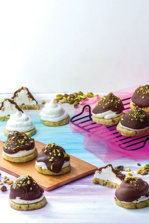 Pistachio Chocolate Krembo - Jamie Geller Pistachio Chocolate, Pistachio Cookies, Marshmallow Cookies, Chocolate Shells, Candy Thermometer, Jewish Recipes, Pastry Bag, Chocolate Coating, Cream Of Tartar